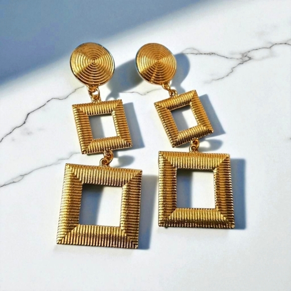 Gold Tone Geometric Drop Earrings - Picture 1 of 7